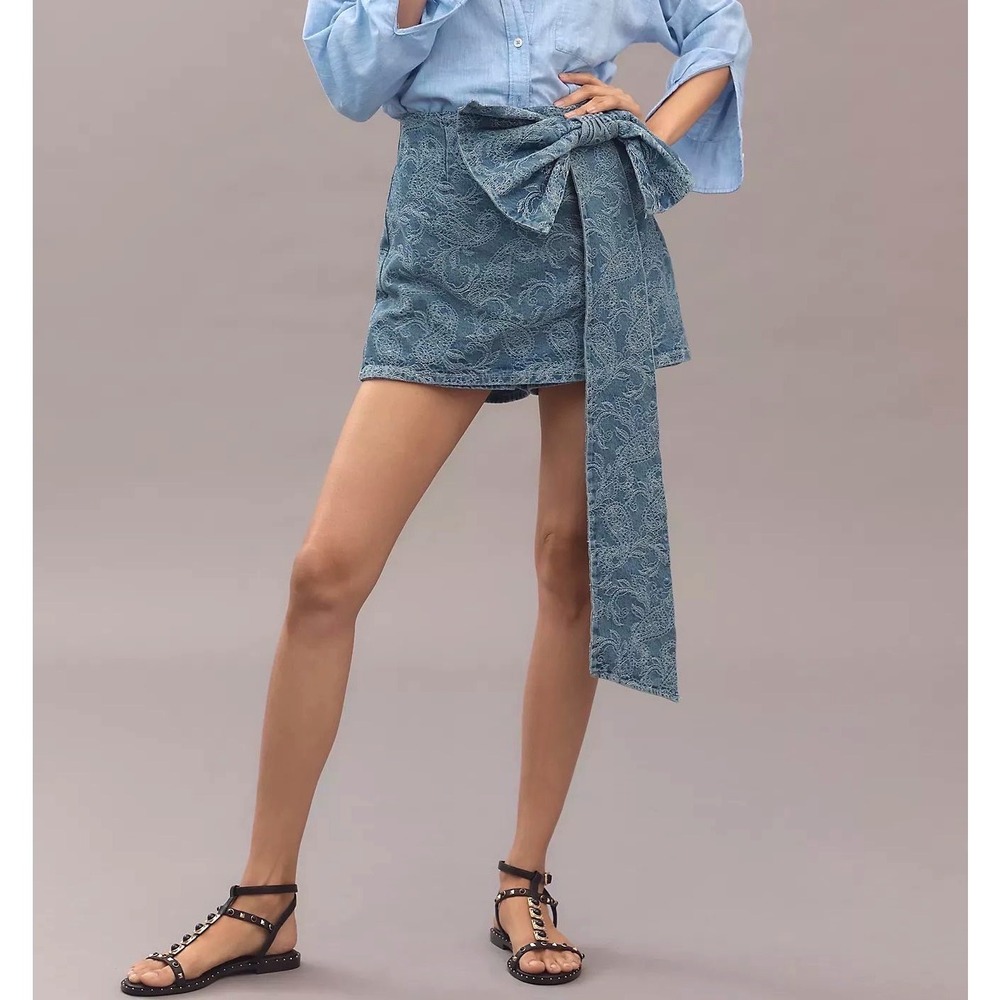 NWT Anthropologie Avec Les Filles Oversized Bow Embroidered Denim Skort US SZ 0